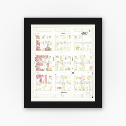 Old map wall art mockup — black gallery frame with white mat — Sanborn Fire Insurance Map from Fairfield, Jefferson County, Iowa (1907), Sheet #0009
