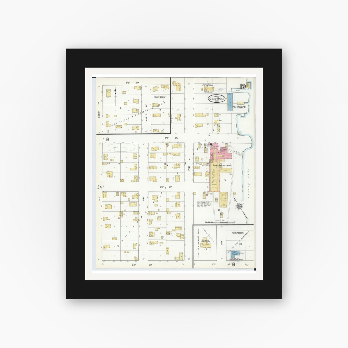 Old map wall art mockup — black gallery frame with white mat — Sanborn Fire Insurance Map from Grand Haven, Ottawa County, Michigan (1912), Sheet #0019