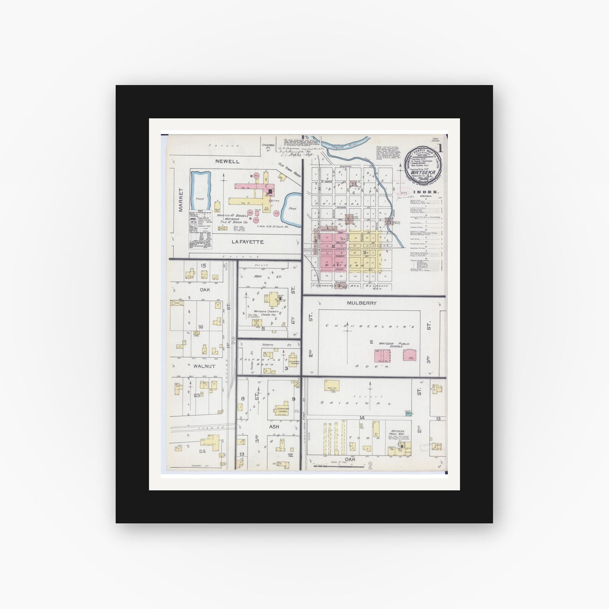 Old map wall art mockup — black gallery frame with white mat — Sanborn Fire Insurance Map from Watseka, Iroquois County, Illinois (1892) - Complete Map Set