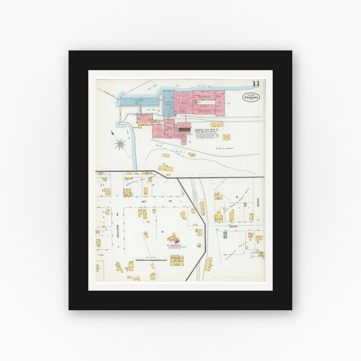 Old map wall art mockup — black gallery frame with white mat — Sanborn Fire Insurance Map from Kaukauna, Outagamie County, Wisconsin (1900), Sheet #0011