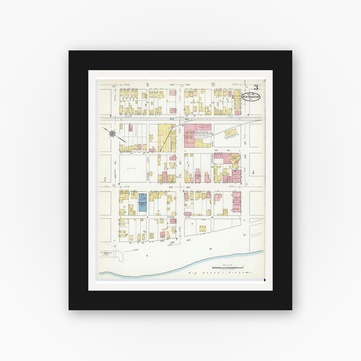Old map wall art mockup — black gallery frame with white mat — Sanborn Fire Insurance Map from New Brighton, Beaver County, Pennsylvania (1918), Sheet #0003