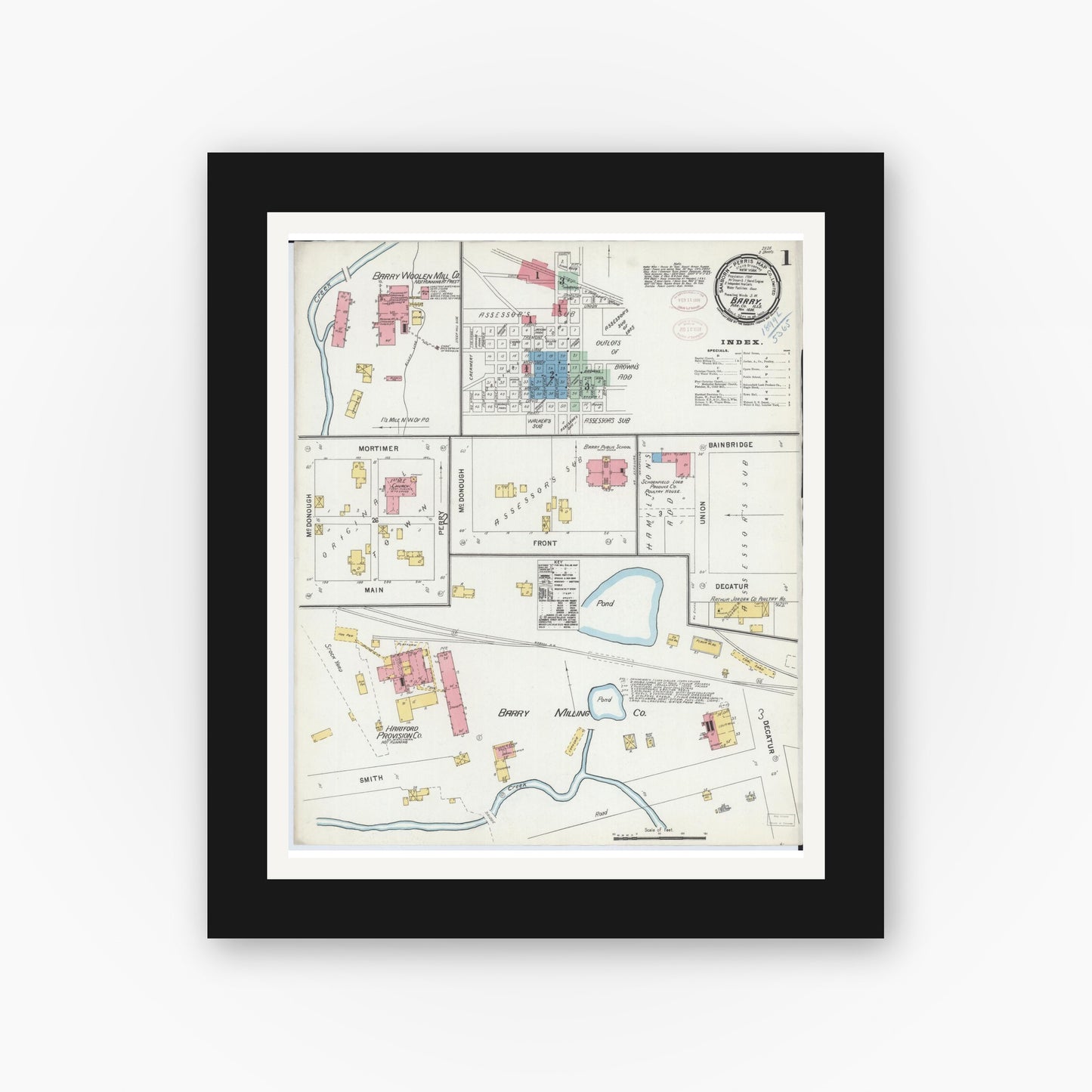 Old map wall art mockup — black gallery frame with white mat — Sanborn Fire Insurance Map from Barry, Pike County, Illinois (1898) - Complete Map Set