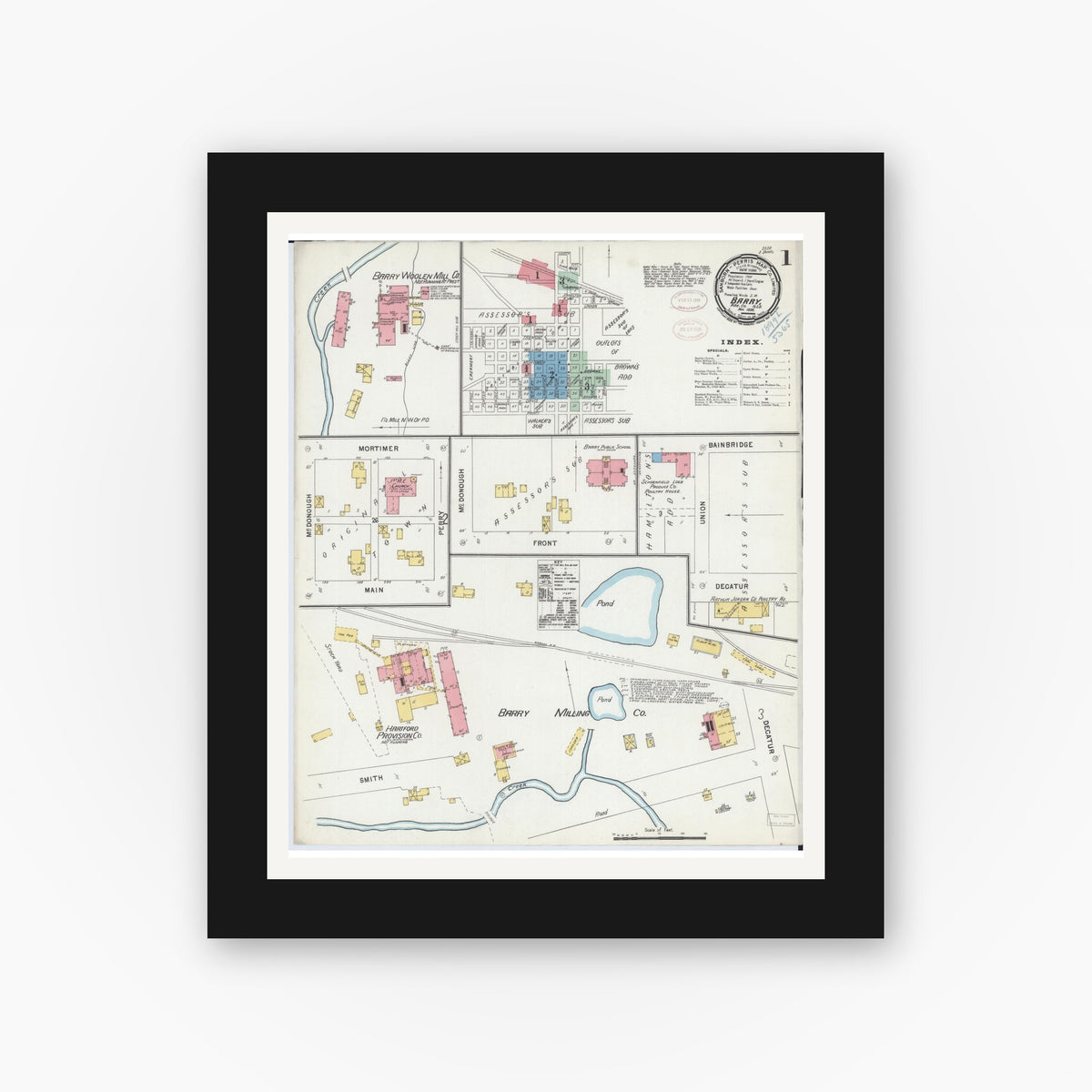 Old map wall art mockup — black gallery frame with white mat — Sanborn Fire Insurance Map from Barry, Pike County, Illinois (1898) - Complete Map Set