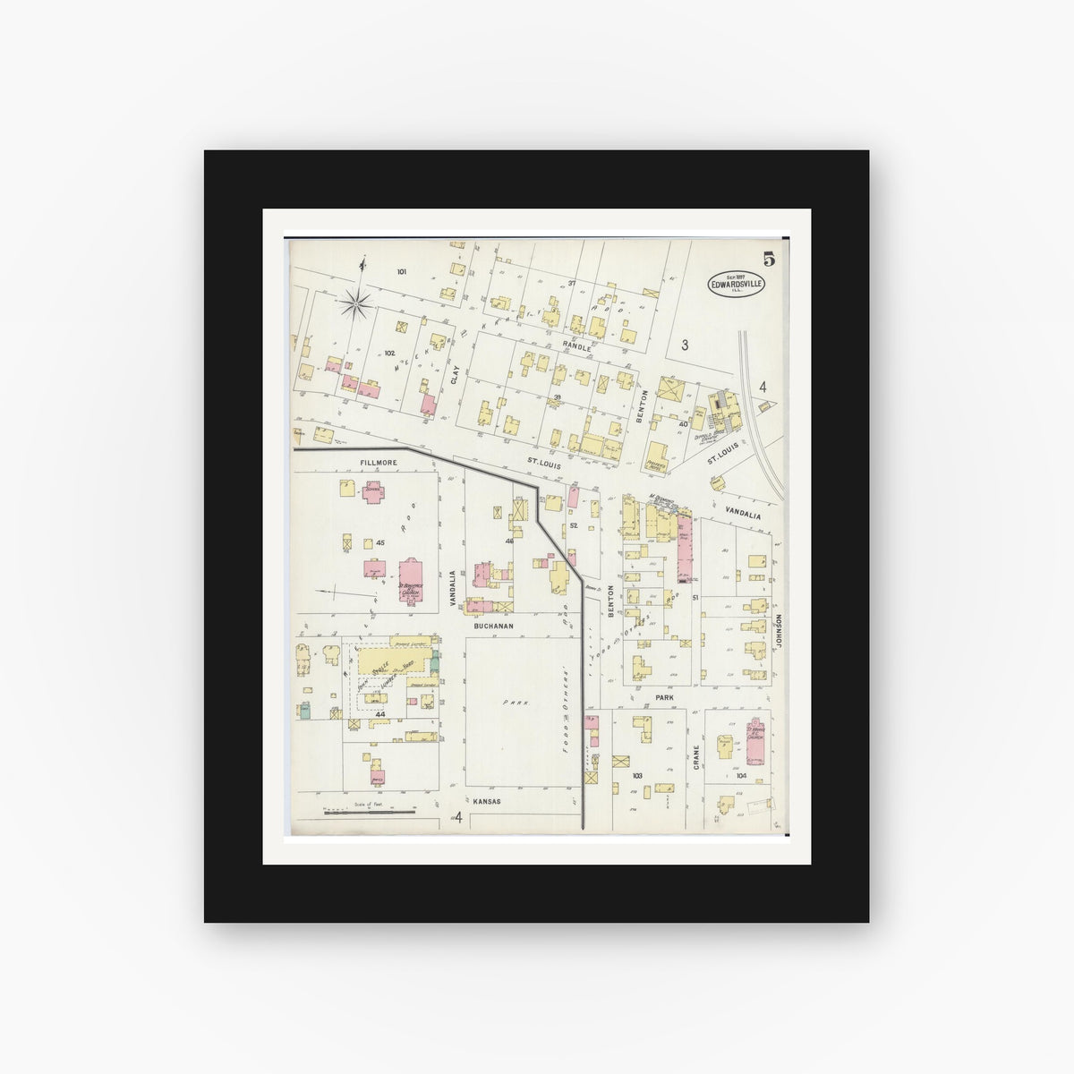 Old map wall art mockup — black gallery frame with white mat — Sanborn Fire Insurance Map from Edwardsville, Madison County, Illinois (1897), Sheet #0005