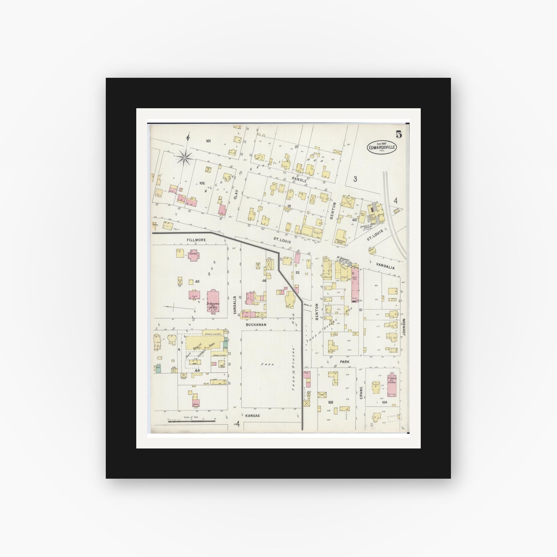 Old map wall art mockup — black gallery frame with white mat — Sanborn Fire Insurance Map from Edwardsville, Madison County, Illinois (1897), Sheet #0005