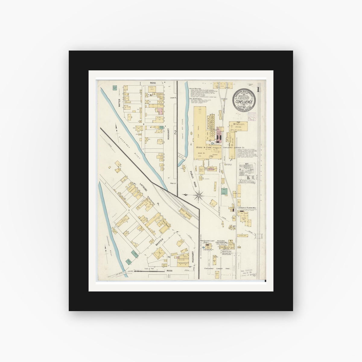 Old map wall art mockup — black gallery frame with white mat — Sanborn Fire Insurance Map from Confluence, Somerset County, Pennsylvania (1907) - Complete Map Set