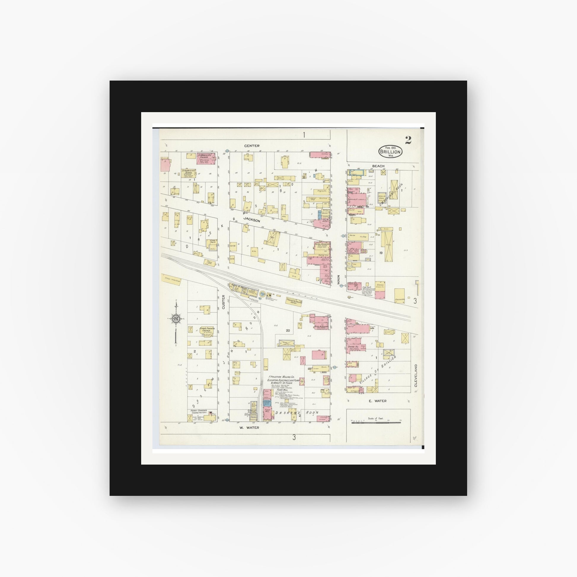 Old map wall art mockup — black gallery frame with white mat — Sanborn Fire Insurance Map from Brillion, Calumet County, Wisconsin (1913), Sheet #0002