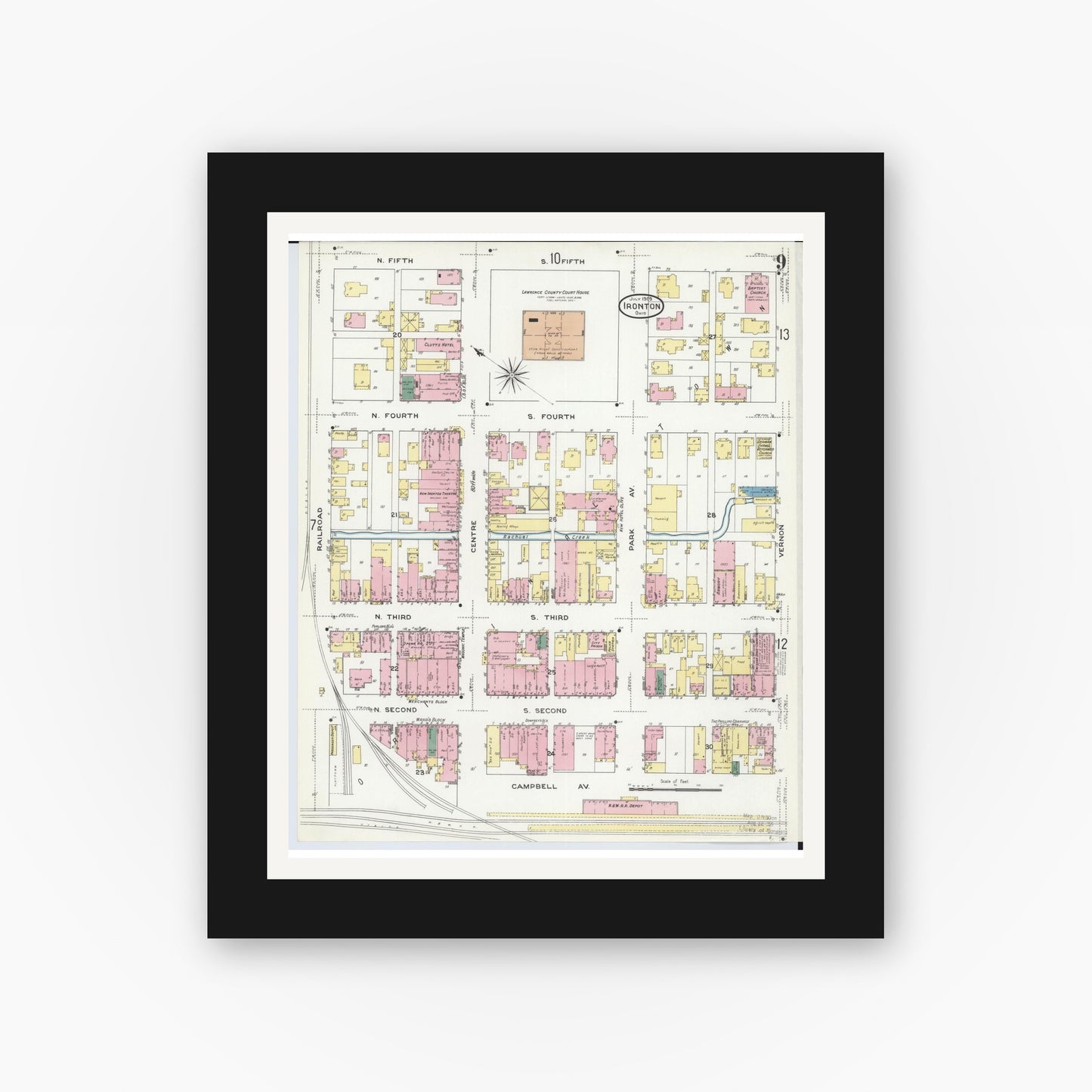 Old map wall art mockup — black gallery frame with white mat — Sanborn Fire Insurance Map from Ironton, Lawrence County, Ohio (1909), Sheet #0009