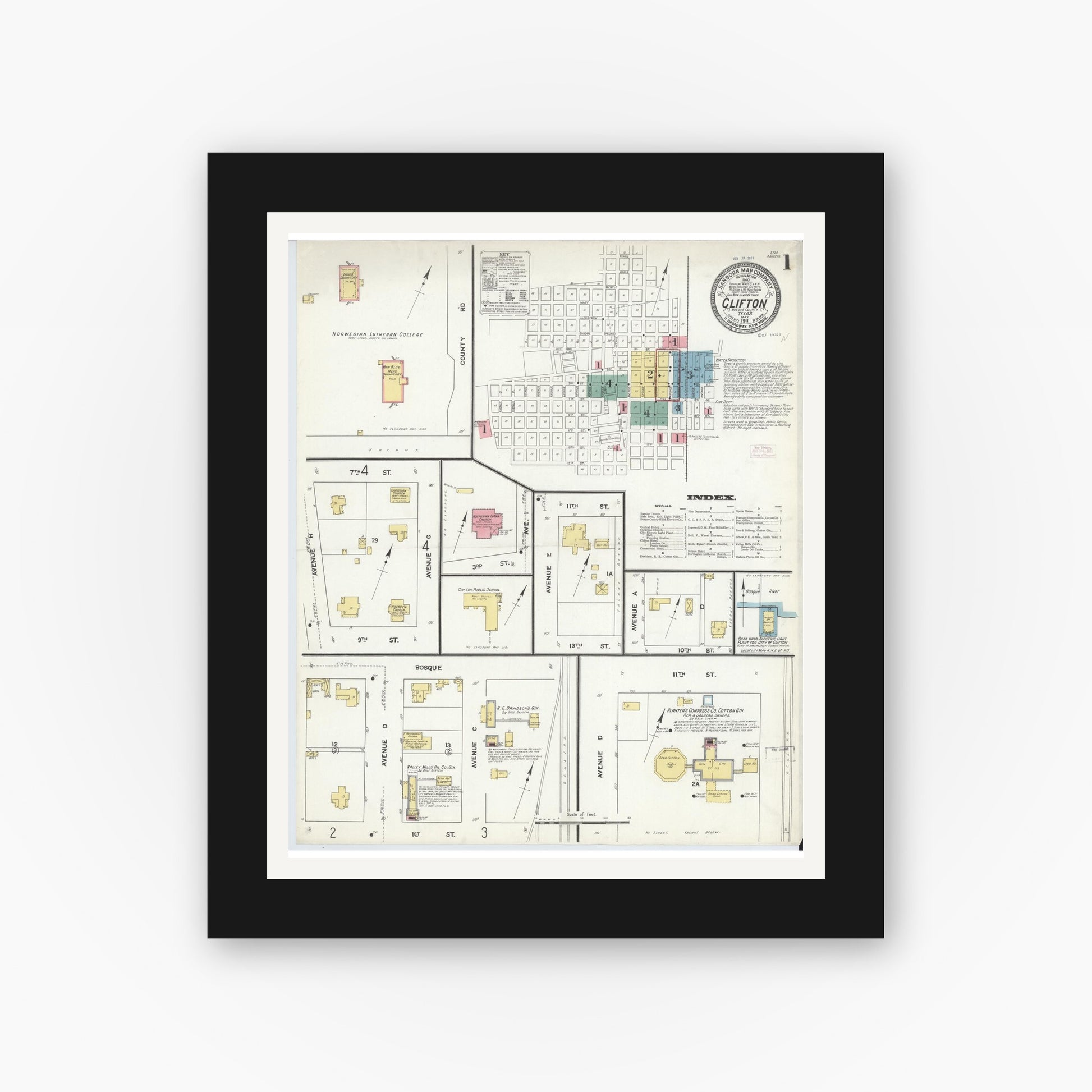 Old map wall art mockup — black gallery frame with white mat — Sanborn Fire Insurance Map from Clifton, Bosque County, Texas (1911), Sheet #0001