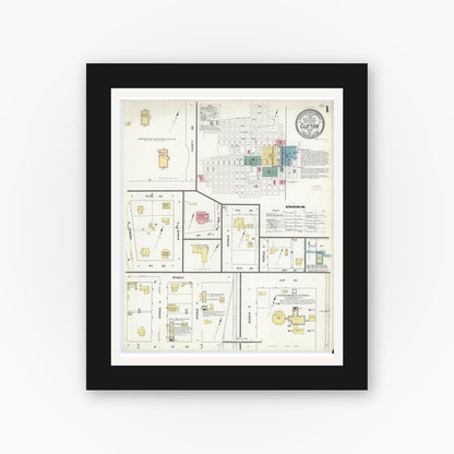 Old map wall art mockup — black gallery frame with white mat — Sanborn Fire Insurance Map from Clifton, Bosque County, Texas (1911), Sheet #0001