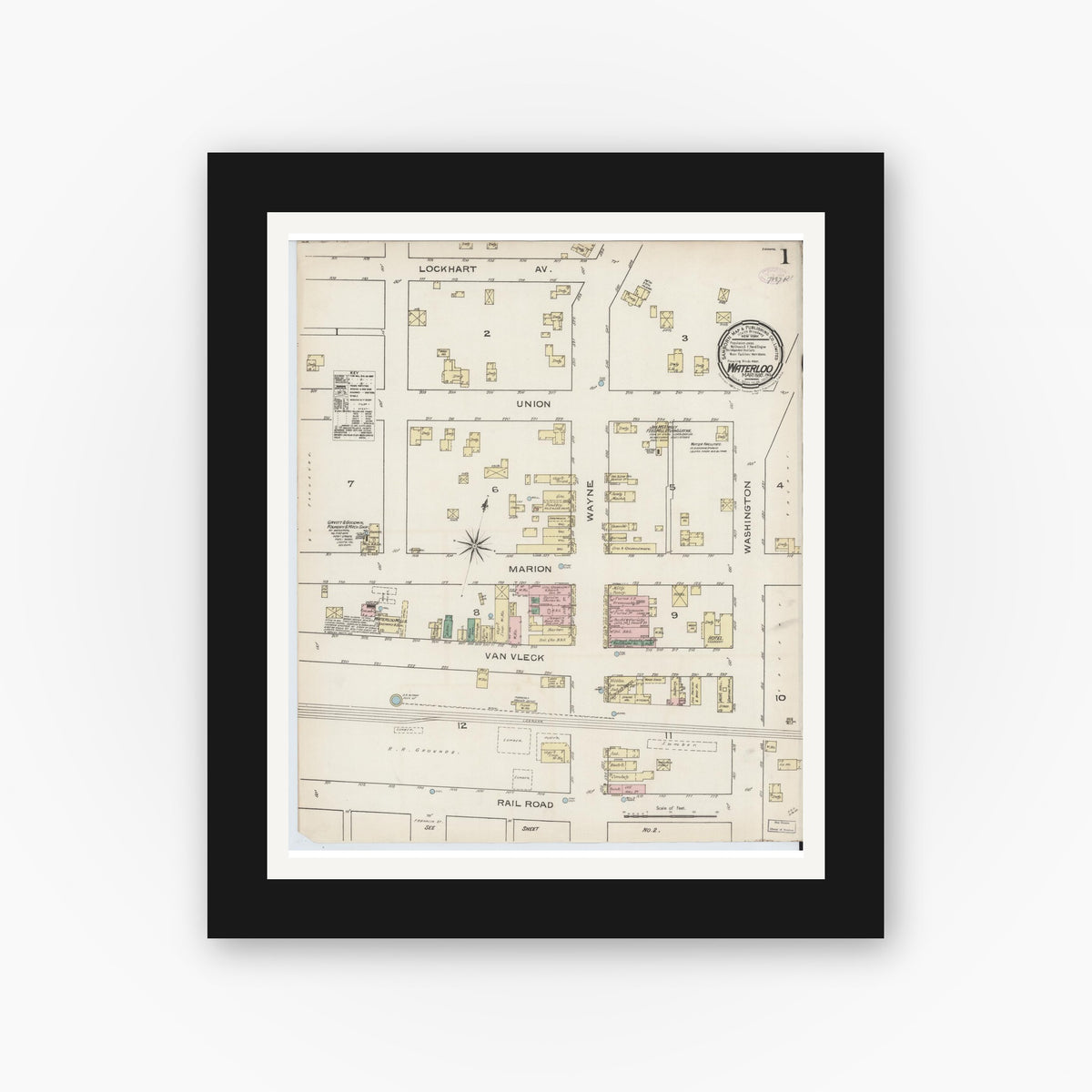 Old map wall art mockup — black gallery frame with white mat — Sanborn Fire Insurance Map from Waterloo, De Kalb County, Indiana (1886), Sheet #0001