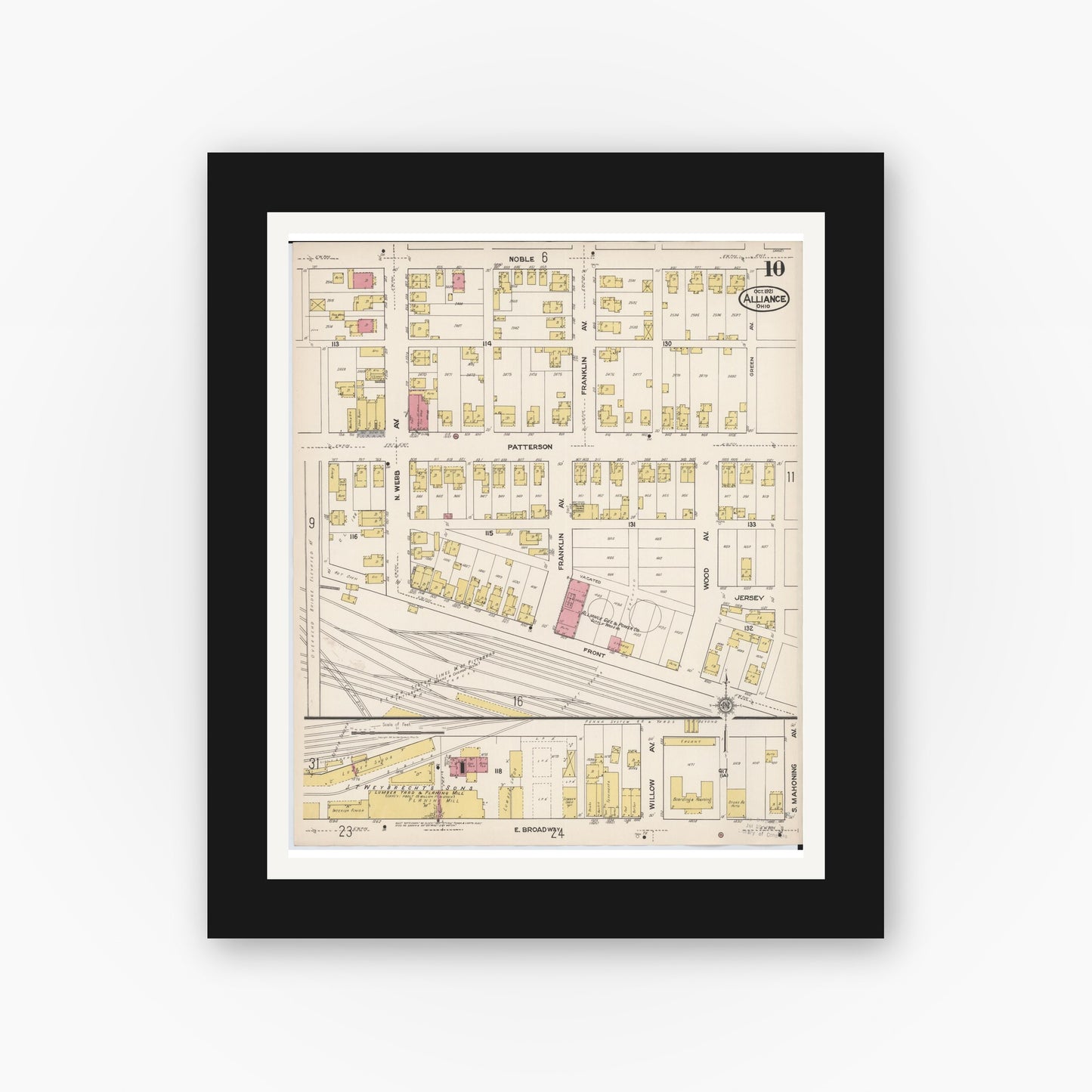 Old map wall art mockup — black gallery frame with white mat — Sanborn Fire Insurance Map from Alliance, Stark County, Ohio (1921), Sheet #0010