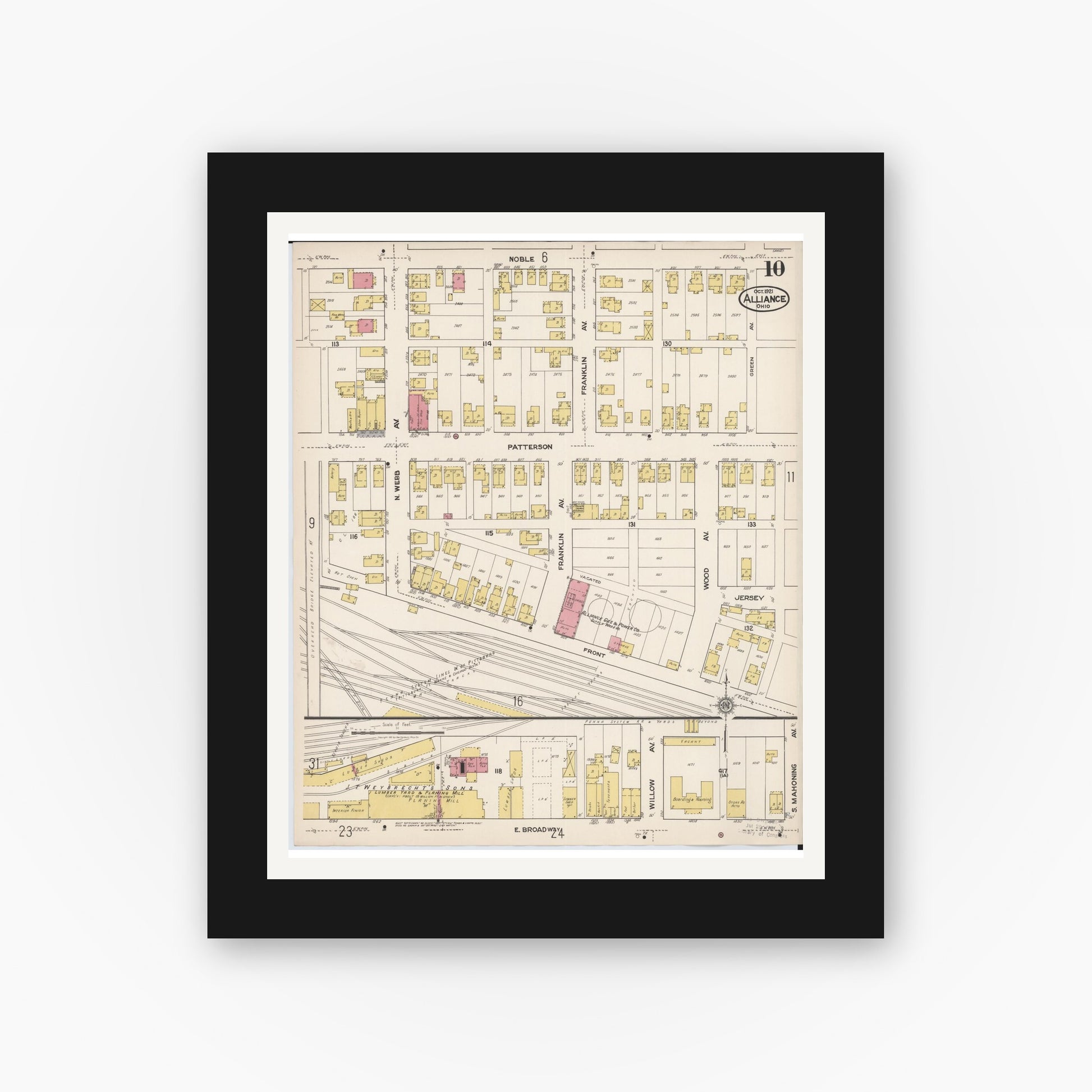 Old map wall art mockup — black gallery frame with white mat — Sanborn Fire Insurance Map from Alliance, Stark County, Ohio (1921), Sheet #0010