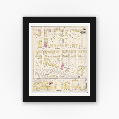 Old map wall art mockup — black gallery frame with white mat — Sanborn Fire Insurance Map from Alliance, Stark County, Ohio (1921), Sheet #0010
