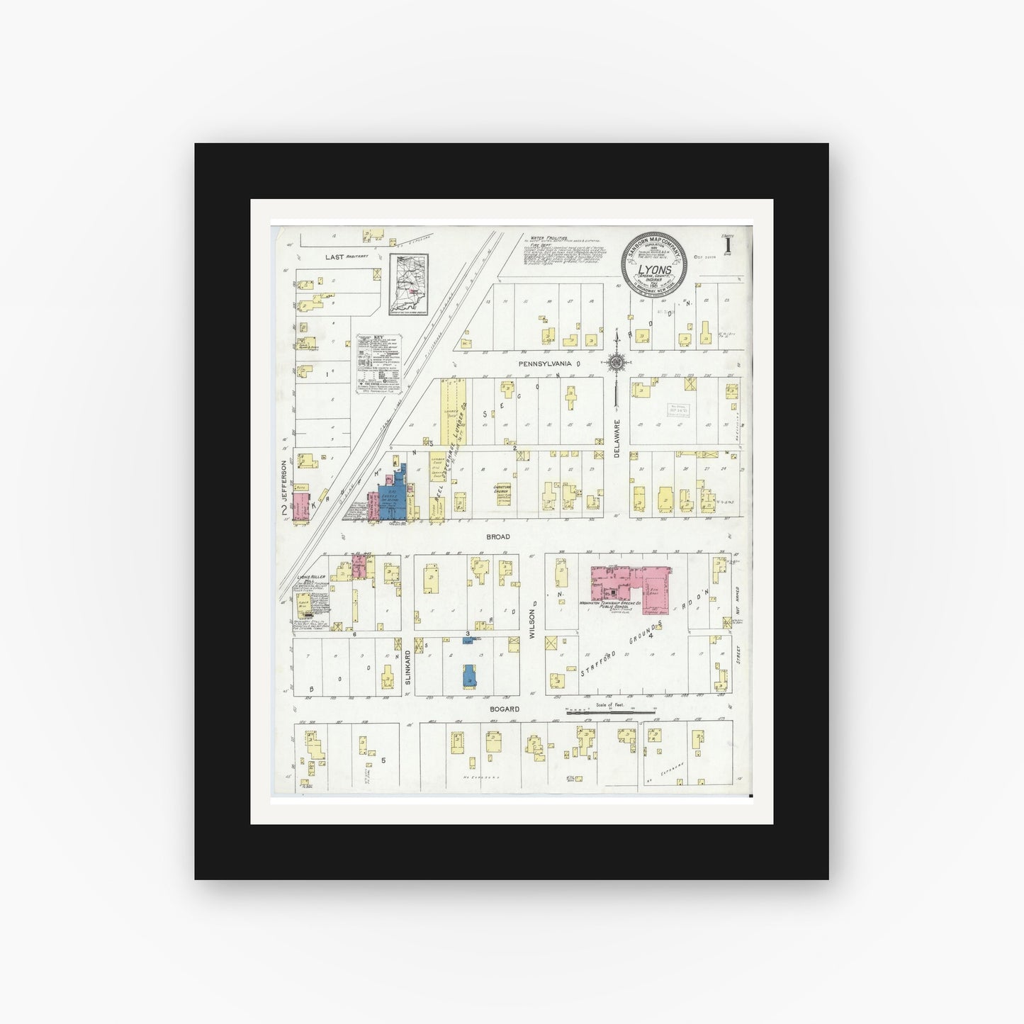 Old map wall art mockup — black gallery frame with white mat — Sanborn Fire Insurance Map from Lyons, Greene County, Indiana (1921) - Complete Map Set