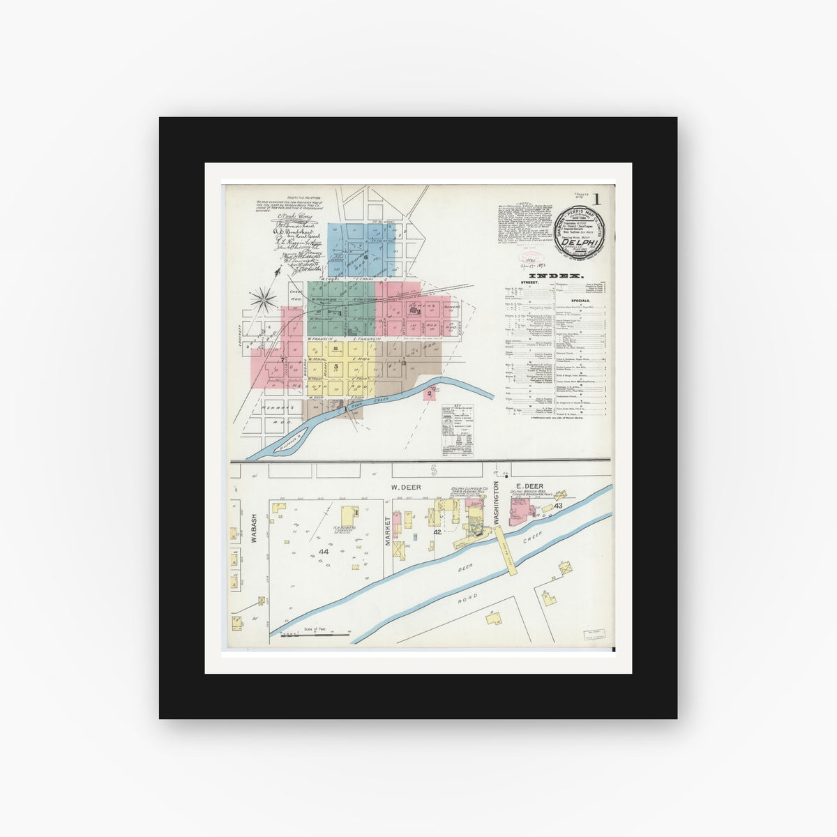 Old map wall art mockup — black gallery frame with white mat — Sanborn Fire Insurance Map from Delphi, Carroll County, Indiana (1893) - Complete Map Set