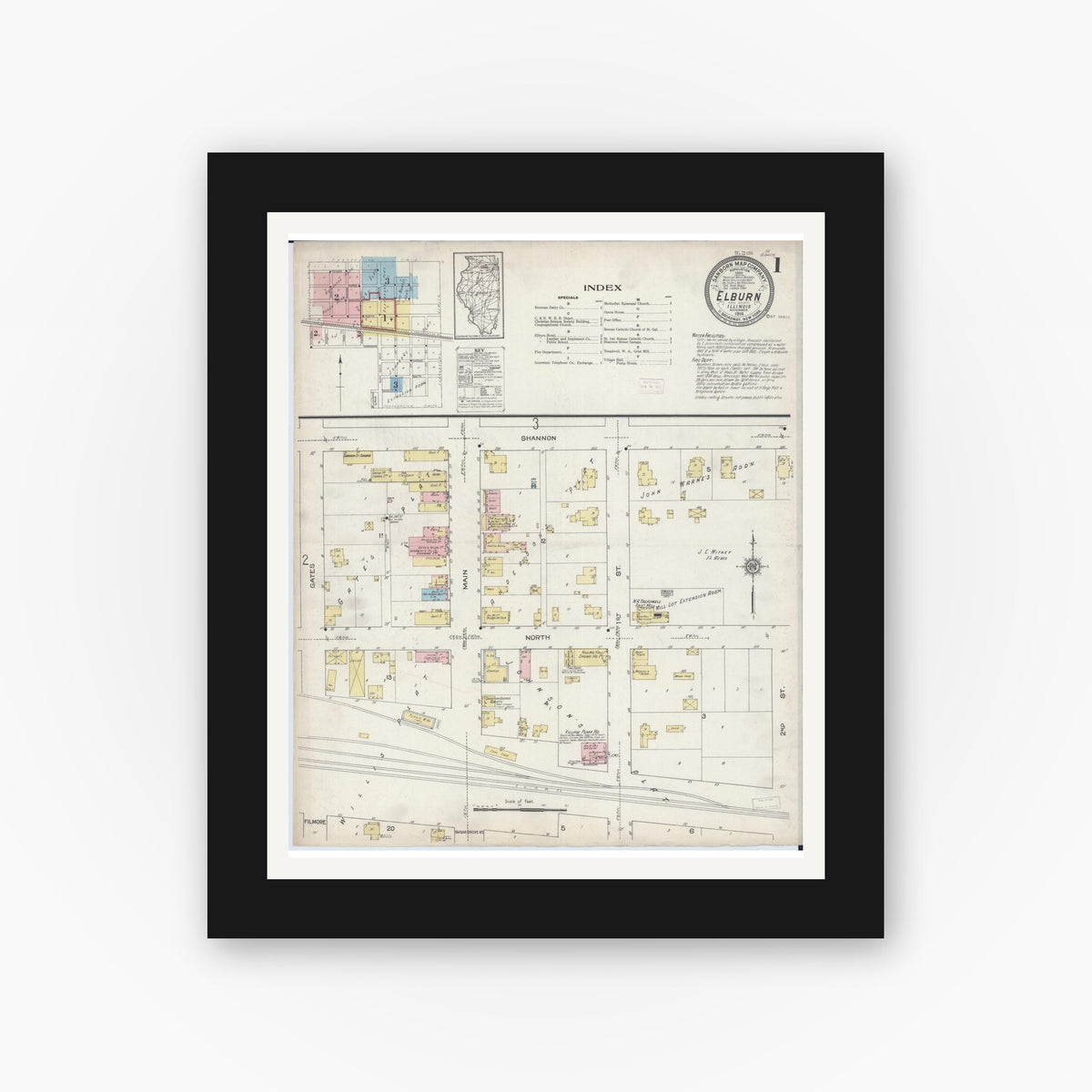 Old map wall art mockup — black gallery frame with white mat — Sanborn Fire Insurance Map from Elburn, Kane County, Illinois (1914), Sheet #0001