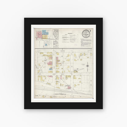 Old map wall art mockup — black gallery frame with white mat — Sanborn Fire Insurance Map from Elburn, Kane County, Illinois (1914), Sheet #0001