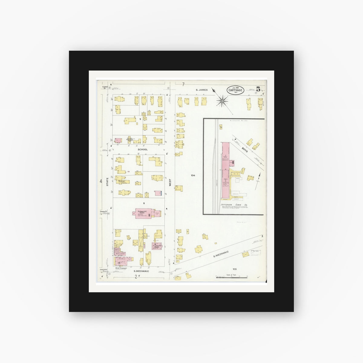 Old map wall art mockup — black gallery frame with white mat — Sanborn Fire Insurance Map from Carthage, Jefferson County, New York (1908), Sheet #0005