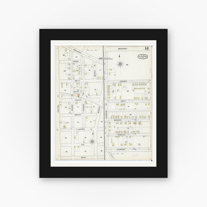 Old map wall art mockup — black gallery frame with white mat — Sanborn Fire Insurance Map from Flushing, Queens County, New York (1892), Sheet #0014