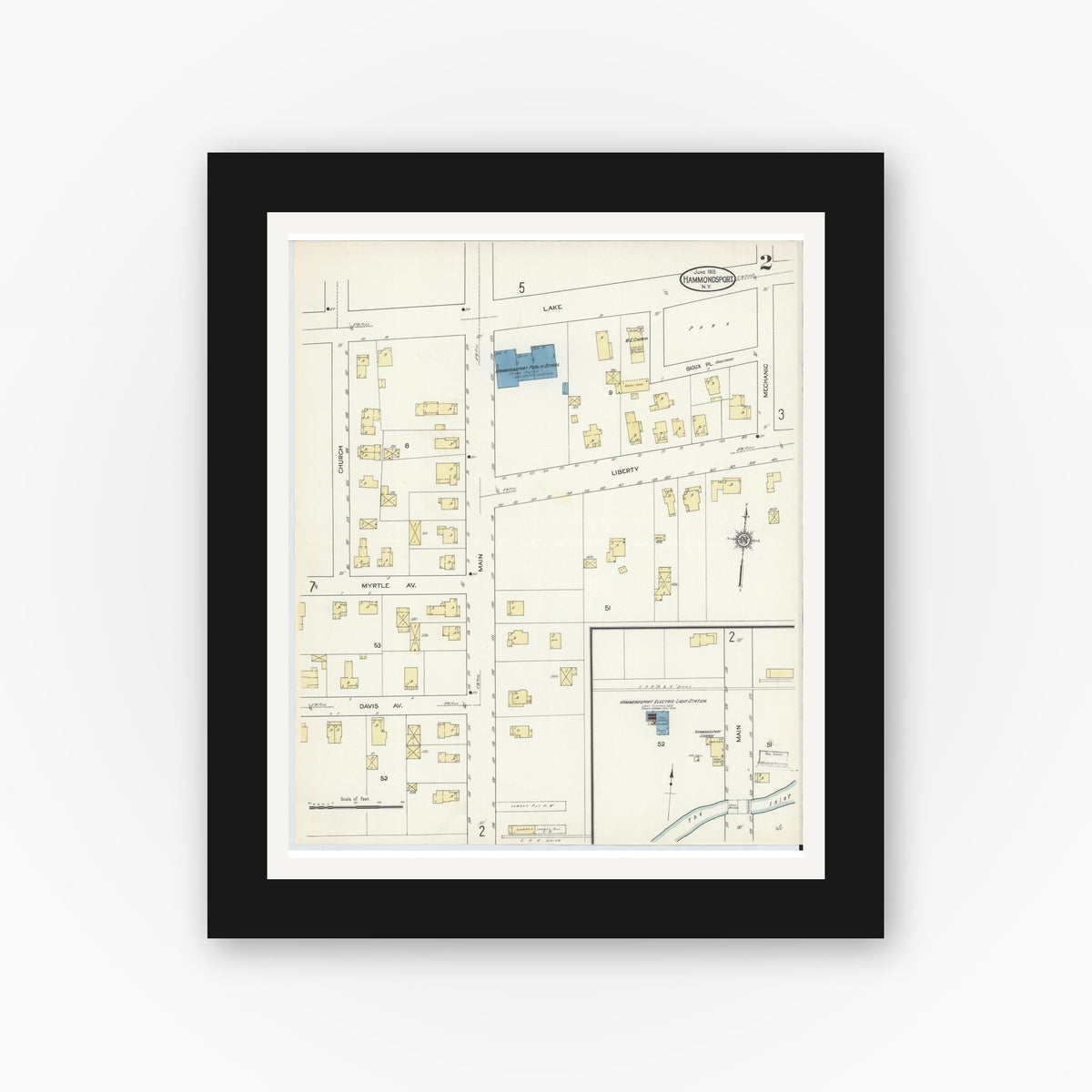 Old map wall art mockup — black gallery frame with white mat — Sanborn Fire Insurance Map from Hammondsport, Steuben County, New York (1913), Sheet #0002