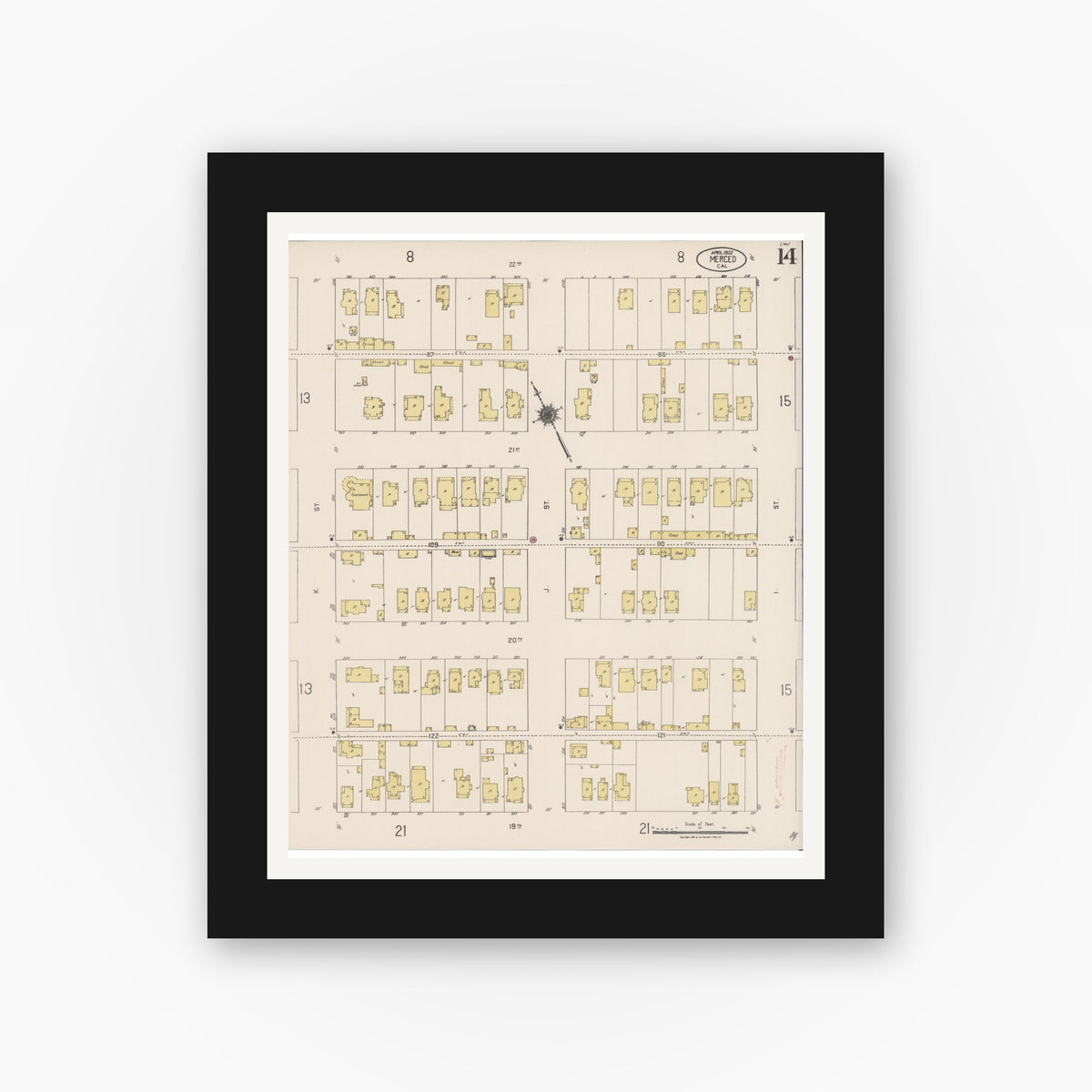 Old map wall art mockup — black gallery frame with white mat — Sanborn Fire Insurance Map from Merced, Merced County, California (1922), Sheet #0014