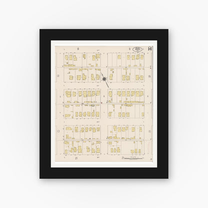 Old map wall art mockup — black gallery frame with white mat — Sanborn Fire Insurance Map from Merced, Merced County, California (1922), Sheet #0014