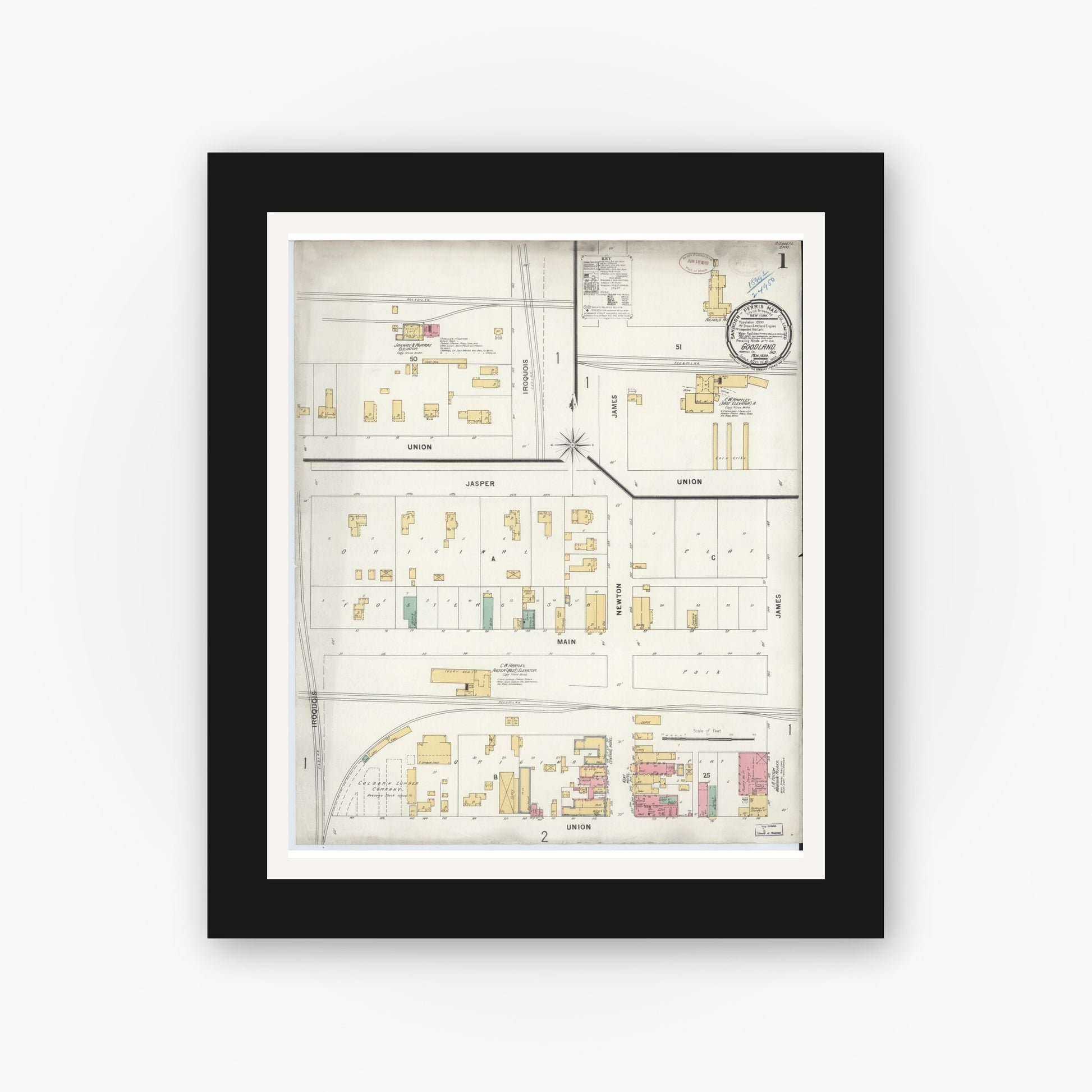 Old map wall art mockup — black gallery frame with white mat — Sanborn Fire Insurance Map from Goodland, Newton County, Indiana (1899) - Complete Map Set