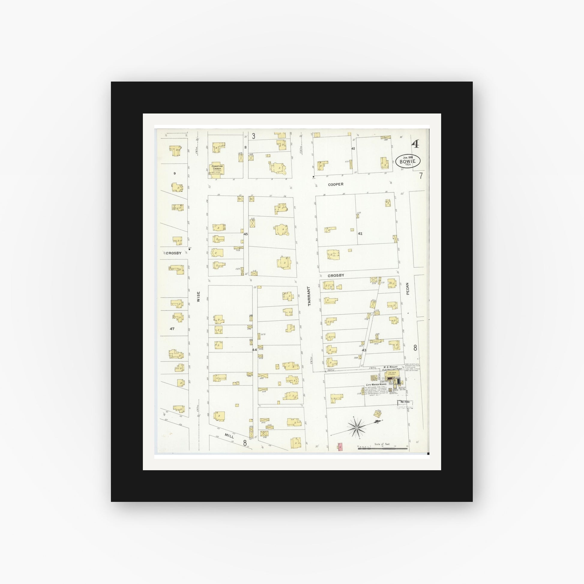 Old map wall art mockup — black gallery frame with white mat — Sanborn Fire Insurance Map from Bowie, Montague County, Texas (1908), Sheet #0004