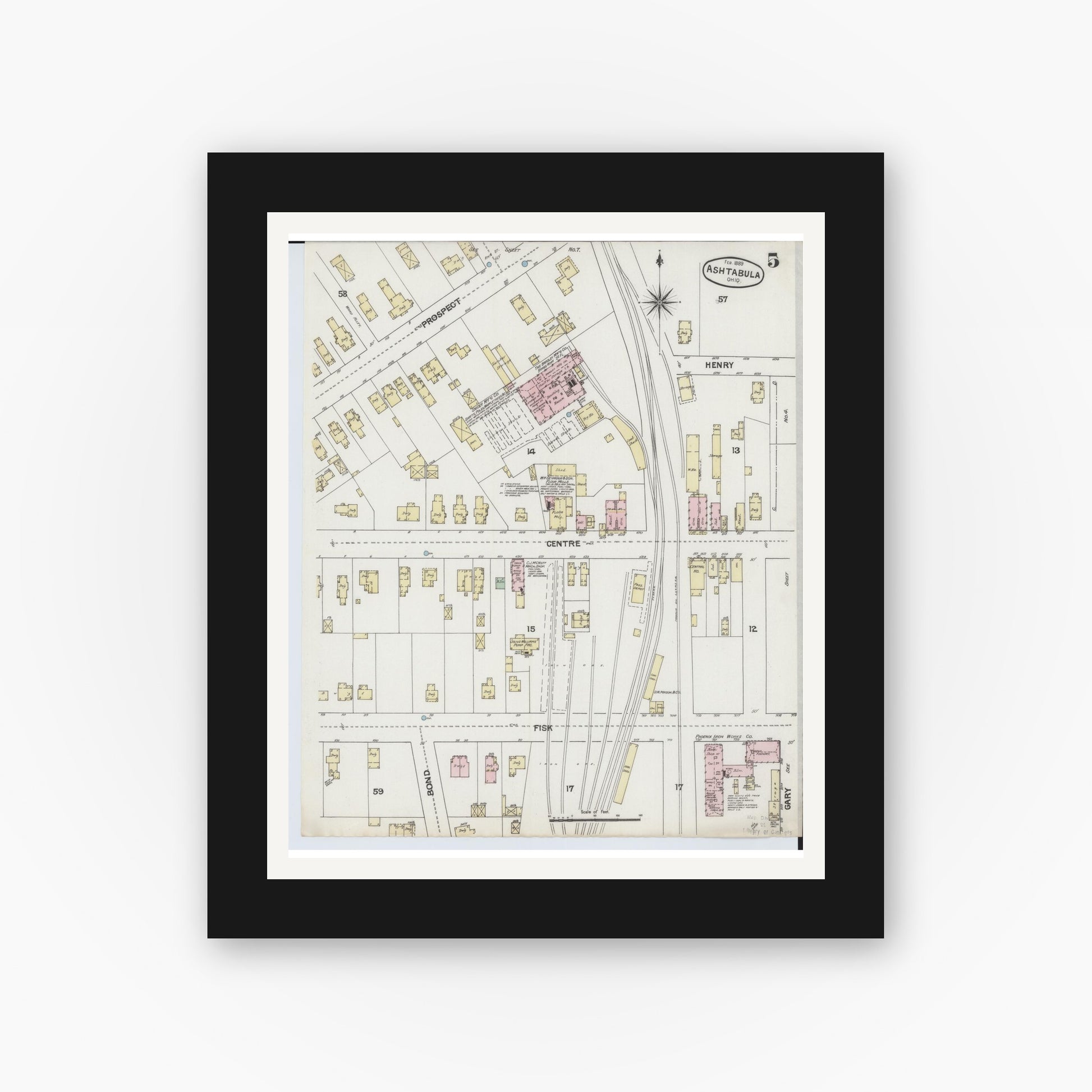 Old map wall art mockup — black gallery frame with white mat — Sanborn Fire Insurance Map from Ashtabula, Ashtabula County, Ohio (1889), Sheet #0005