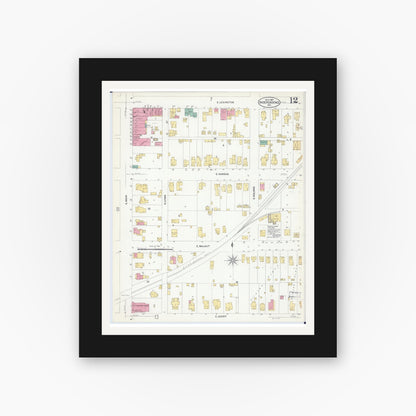 Old map wall art mockup — black gallery frame with white mat — Sanborn Fire Insurance Map from Independence, Jackson County, Missouri (1907), Sheet #0012