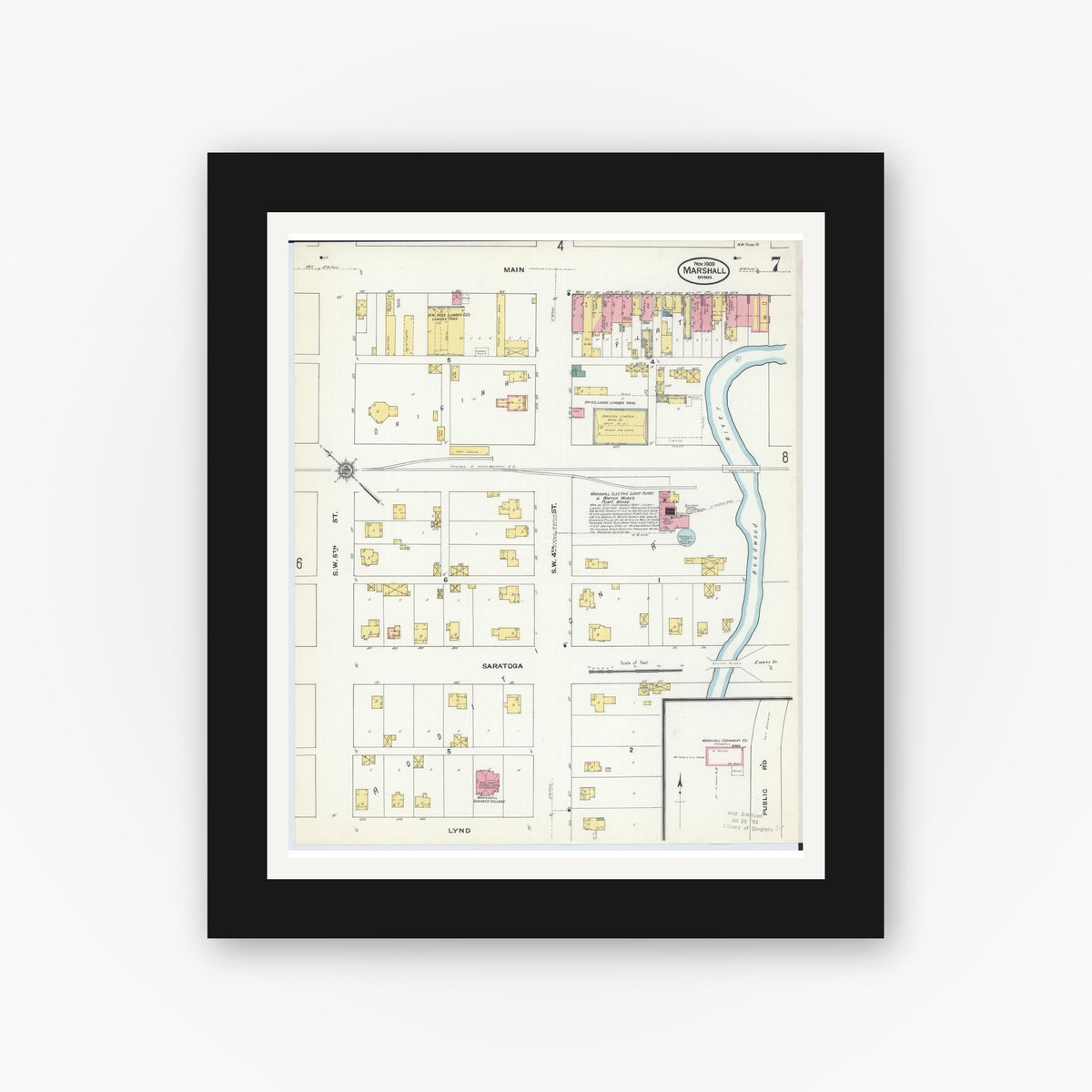 Old map wall art mockup — black gallery frame with white mat — Sanborn Fire Insurance Map from Marshall, Lyon County, Minnesota (1909), Sheet #0007