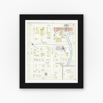 Old map wall art mockup — black gallery frame with white mat — Sanborn Fire Insurance Map from Marshall, Lyon County, Minnesota (1909), Sheet #0007