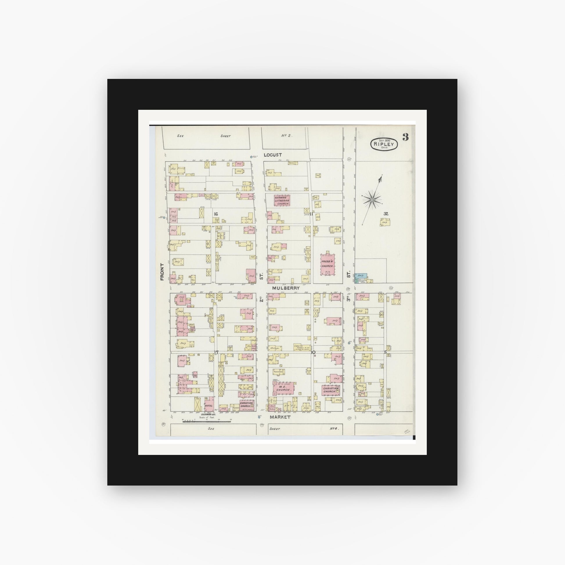 Old map wall art mockup — black gallery frame with white mat — Sanborn Fire Insurance Map from Ripley, Brown County, Ohio (1890), Sheet #0003