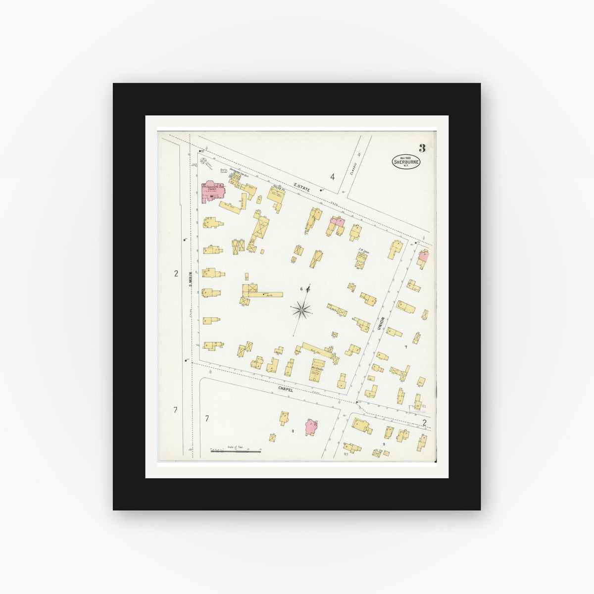 Old map wall art mockup — black gallery frame with white mat — Sanborn Fire Insurance Map from Sherburne, Chenango County, New York (1900), Sheet #0003