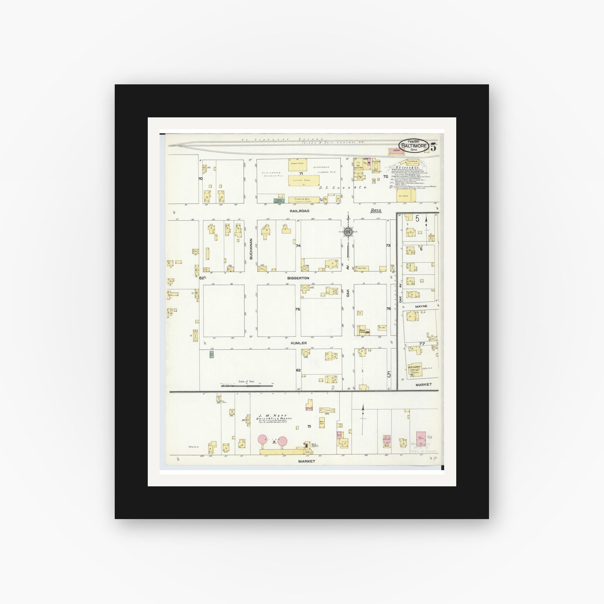 Old map wall art mockup — black gallery frame with white mat — Sanborn Fire Insurance Map from Baltimore, Fairfield County, Ohio (1910), Sheet #0005