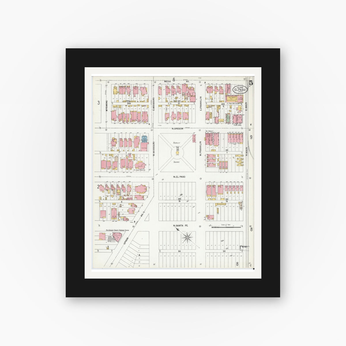 Old map wall art mockup — black gallery frame with white mat — Sanborn Fire Insurance Map from El Paso, El Paso County, Texas (1900), Sheet #0005