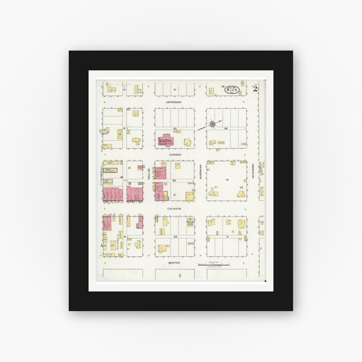 Old map wall art mockup — black gallery frame with white mat — Sanborn Fire Insurance Map from Rice, Navarro County, Texas (1921), Sheet #0002