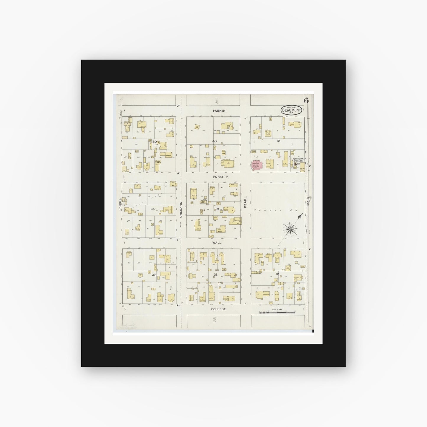 Old map wall art mockup — black gallery frame with white mat — Sanborn Fire Insurance Map from Beaumont, Jefferson County, Texas (1894), Sheet #0006
