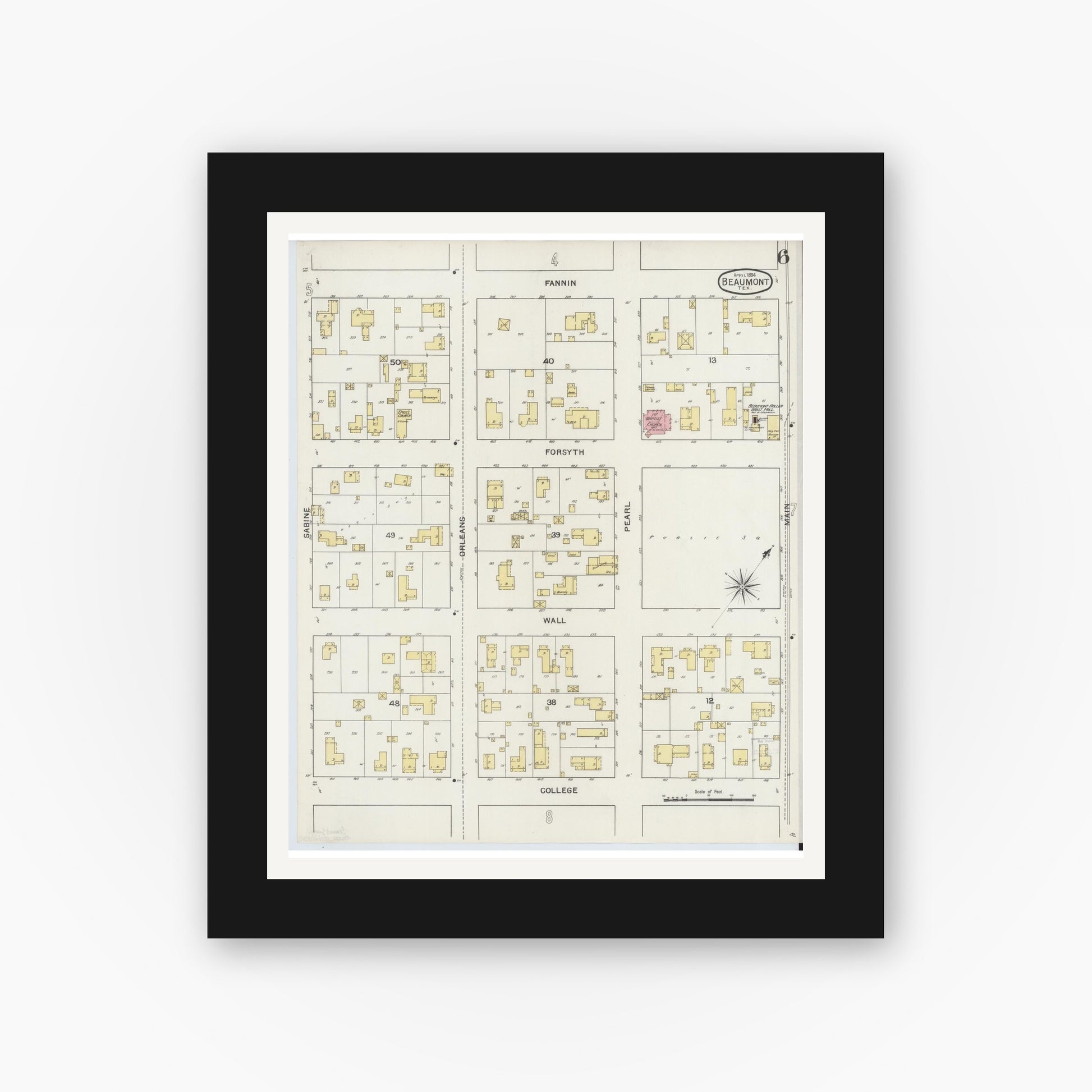 Old map wall art mockup — black gallery frame with white mat — Sanborn Fire Insurance Map from Beaumont, Jefferson County, Texas (1894), Sheet #0006