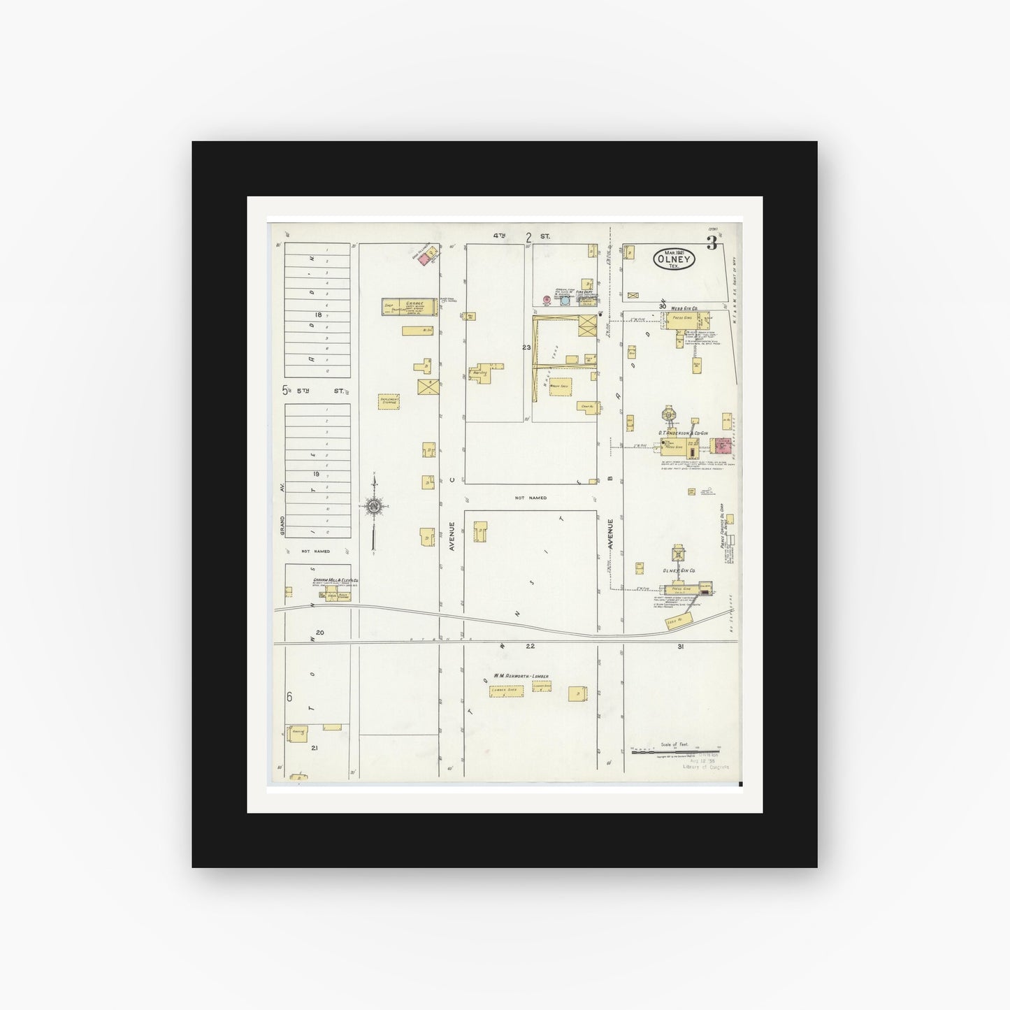 Old map wall art mockup — black gallery frame with white mat — Sanborn Fire Insurance Map from Olney, Young County, Texas (1921), Sheet #0003
