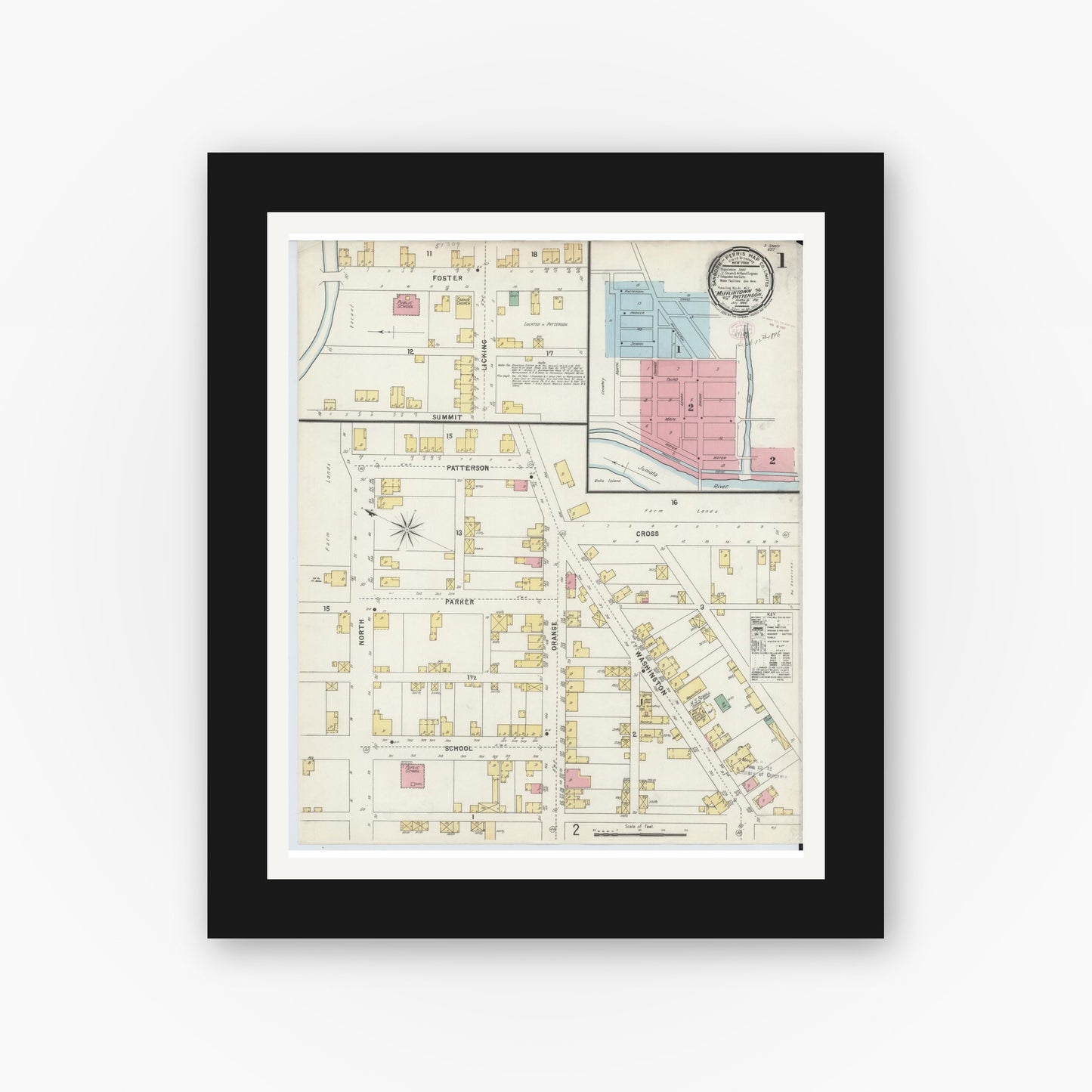 Old map wall art mockup — black gallery frame with white mat — Sanborn Fire Insurance Map from Mifflintown, Juniata County, Pennsylvania (1896), Sheet #0001
