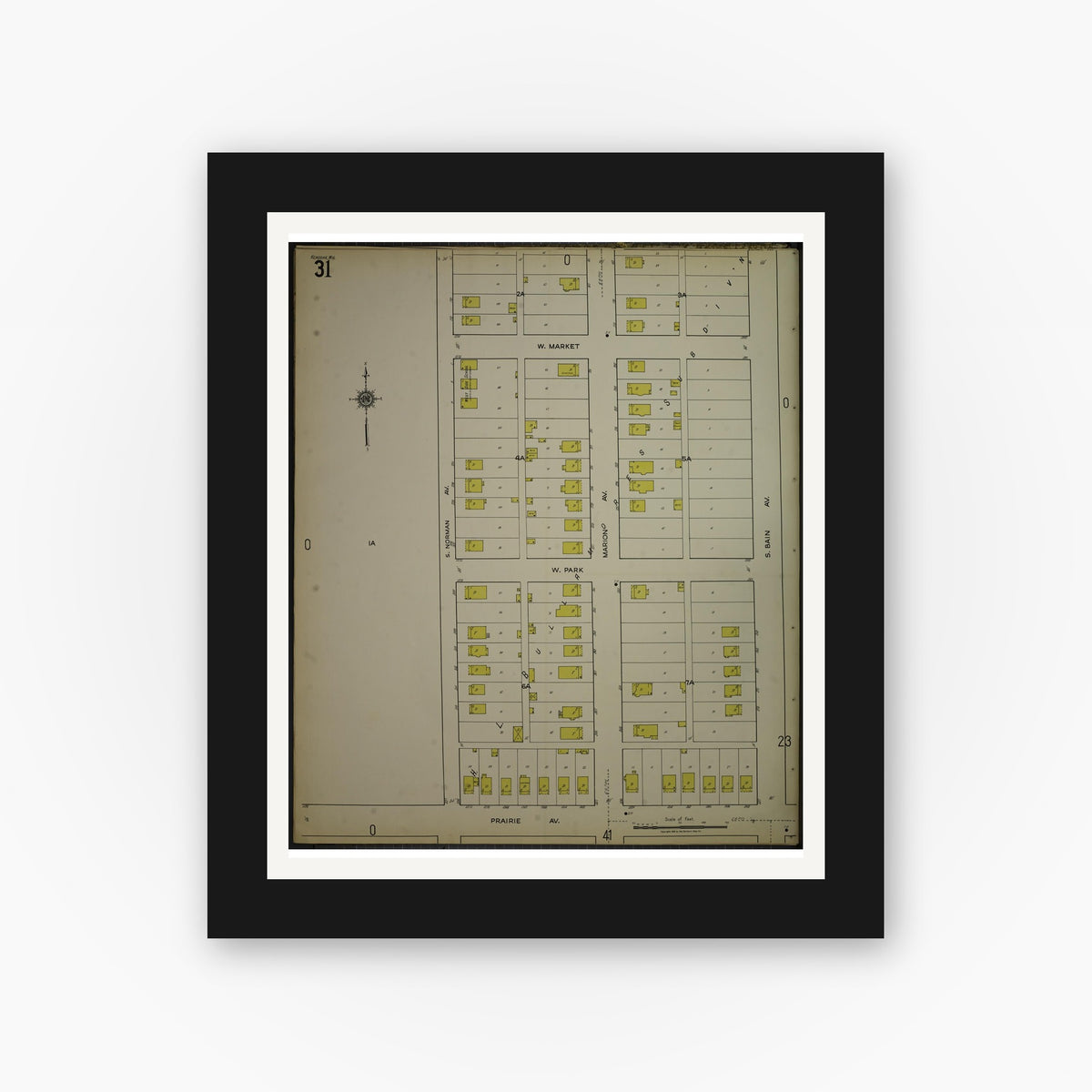 Old map wall art mockup — black gallery frame with white mat — Sanborn Fire Insurance Map from Kenosha, Kenosha County, Wisconsin. (1918), Sheet 35