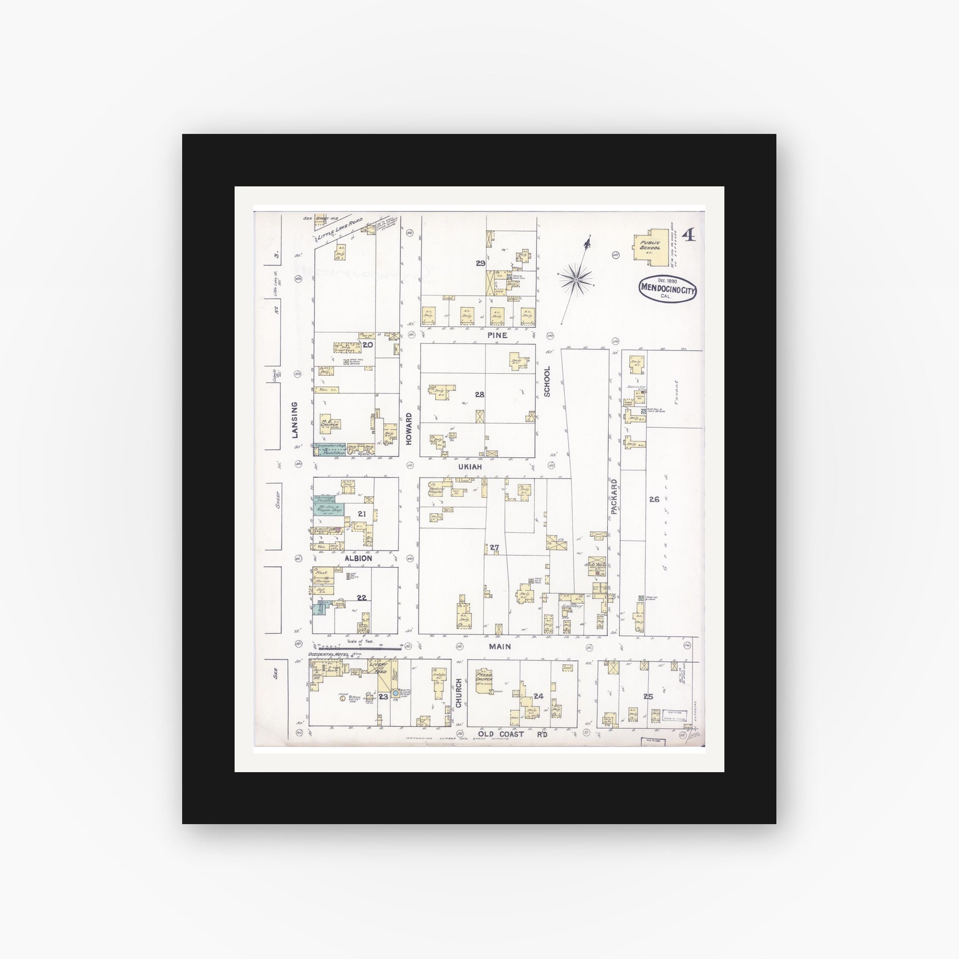 Old map wall art mockup — black gallery frame with white mat — Sanborn Fire Insurance Map from Mendocino, Mendocino County, California (1890), Sheet #0004