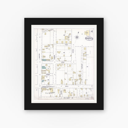 Old map wall art mockup — black gallery frame with white mat — Sanborn Fire Insurance Map from Mendocino, Mendocino County, California (1890), Sheet #0004