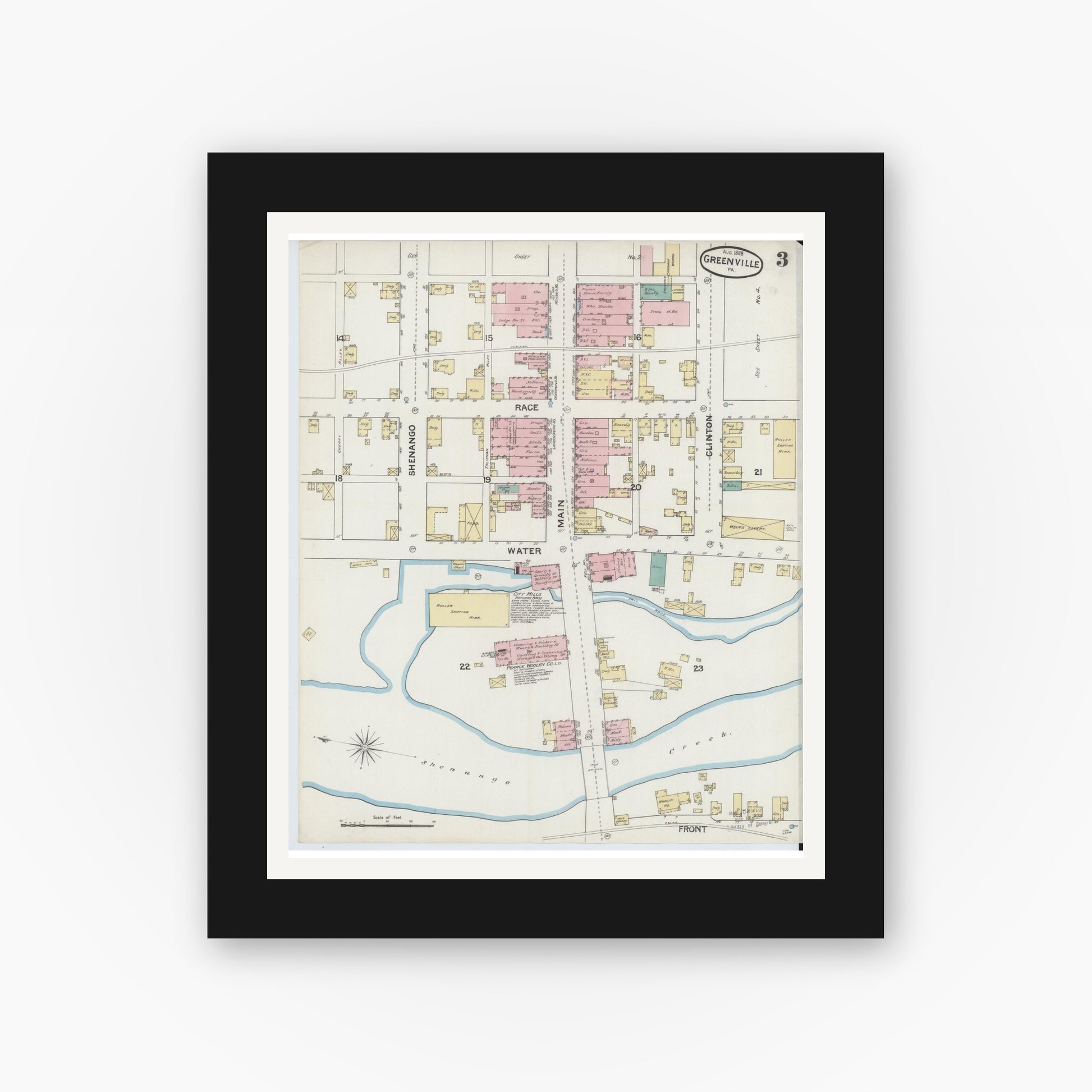 Old map wall art mockup — black gallery frame with white mat — Sanborn Fire Insurance Map from Greenville, Mercer County, Pennsylvania (1888), Sheet #0003