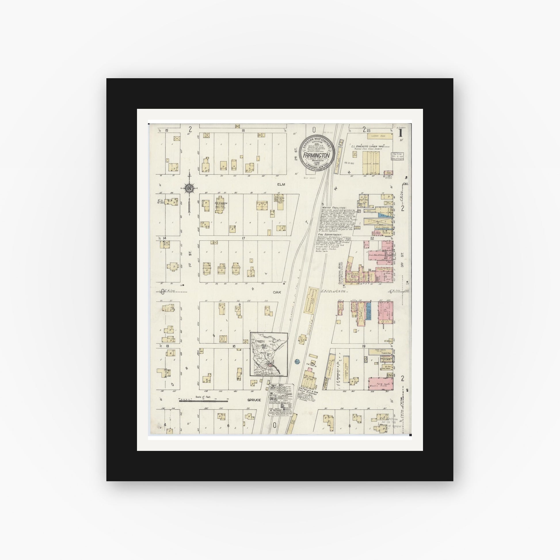 Old map wall art mockup — black gallery frame with white mat — Sanborn Fire Insurance Map from Farmington, Dakota County, Minnesota (1917) - Complete Map Set