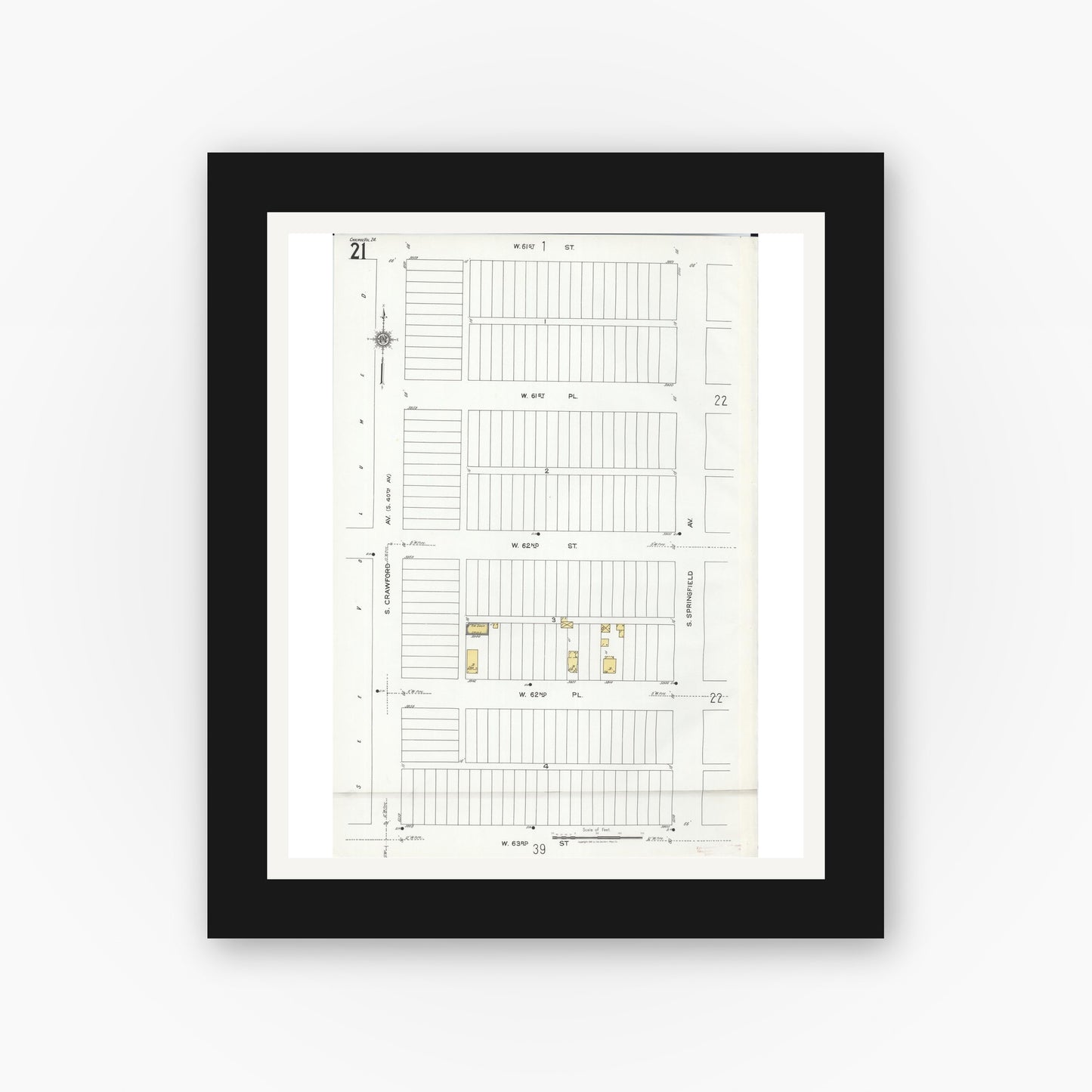 Old map wall art mockup — black gallery frame with white mat — Sanborn Fire Insurance Map from Chicago, Cook County, Illinois (1920), Sheet #0021