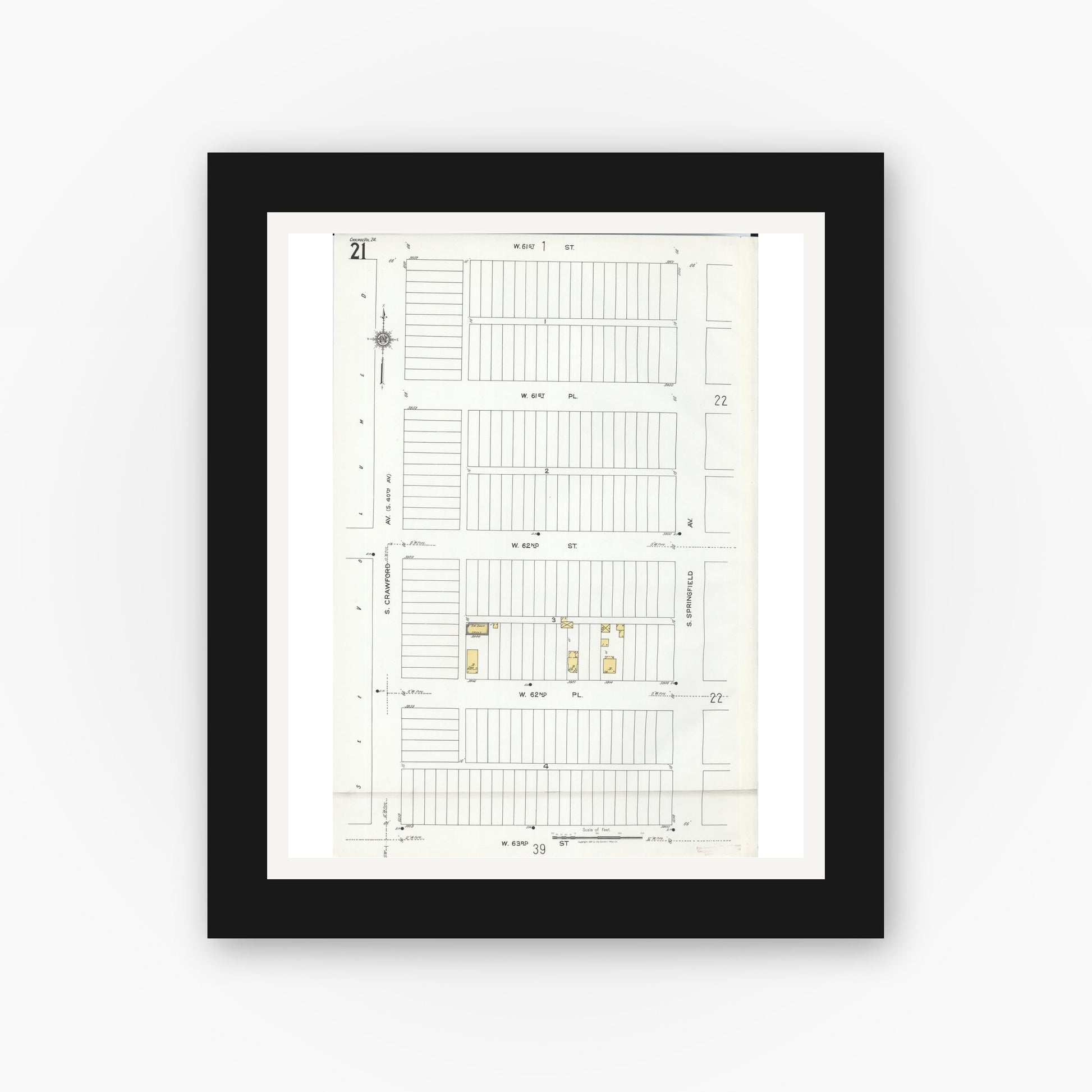 Old map wall art mockup — black gallery frame with white mat — Sanborn Fire Insurance Map from Chicago, Cook County, Illinois (1920), Sheet #0021
