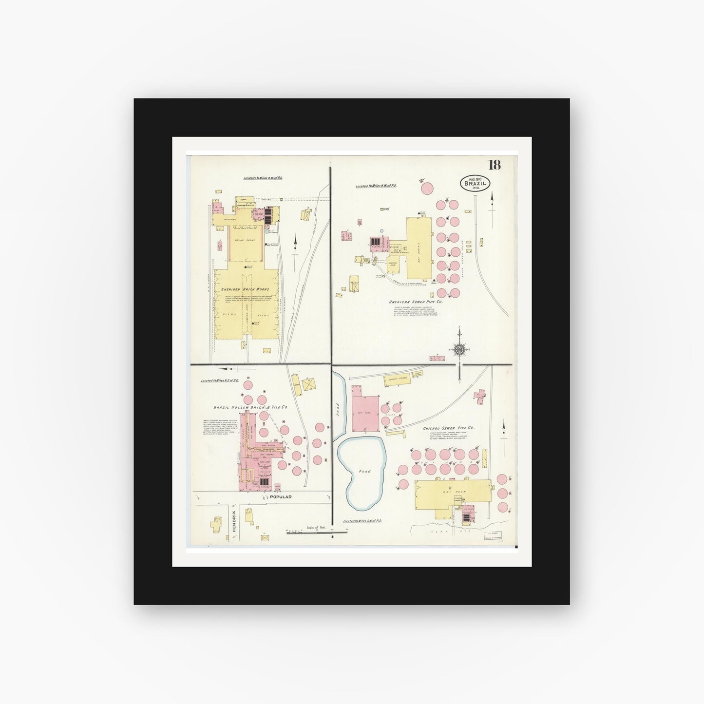 Old map wall art mockup — black gallery frame with white mat — Sanborn Fire Insurance Map from Brazil, Clay County, Indiana (1910), Sheet #0018